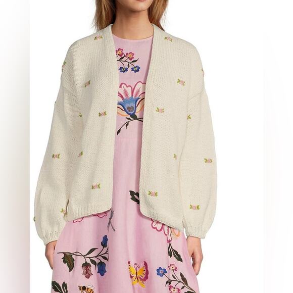 Fanm Mon WINTER BLOOM PINK ROSE Ivory Cream Wool Cardigan XS - Picture 3 of 5